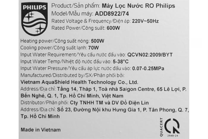 Máy lọc nước RO nóng nguội lạnh Philips ADD8922/74 10 lõi Màu Đen