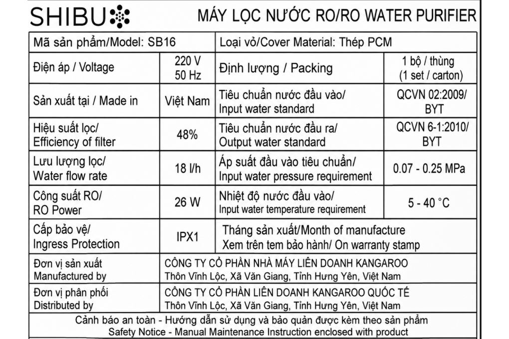 Máy lọc nước RO Shibu SB16 11 lõi Màu Đen