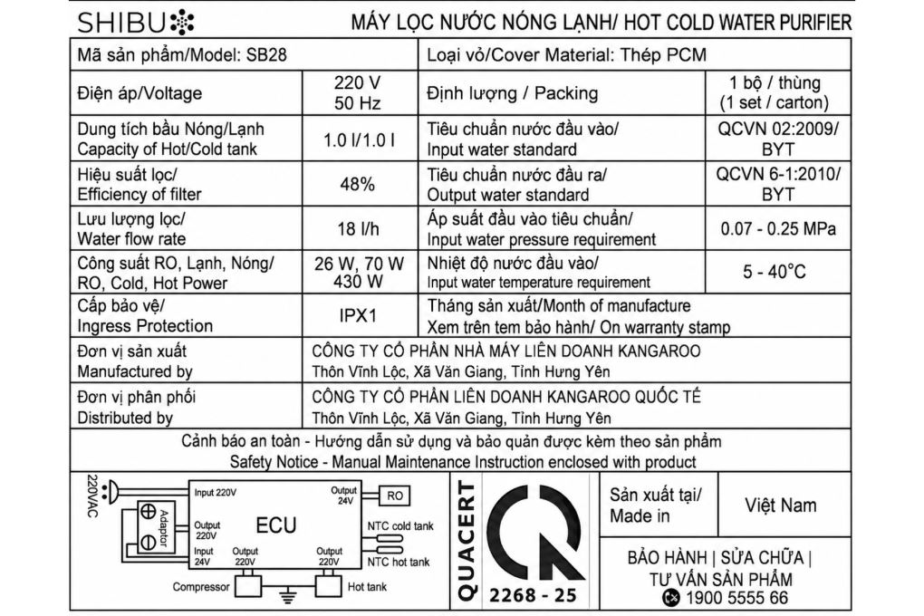 Máy lọc nước RO nóng lạnh Shibu SB28 11 lõi Màu Đen