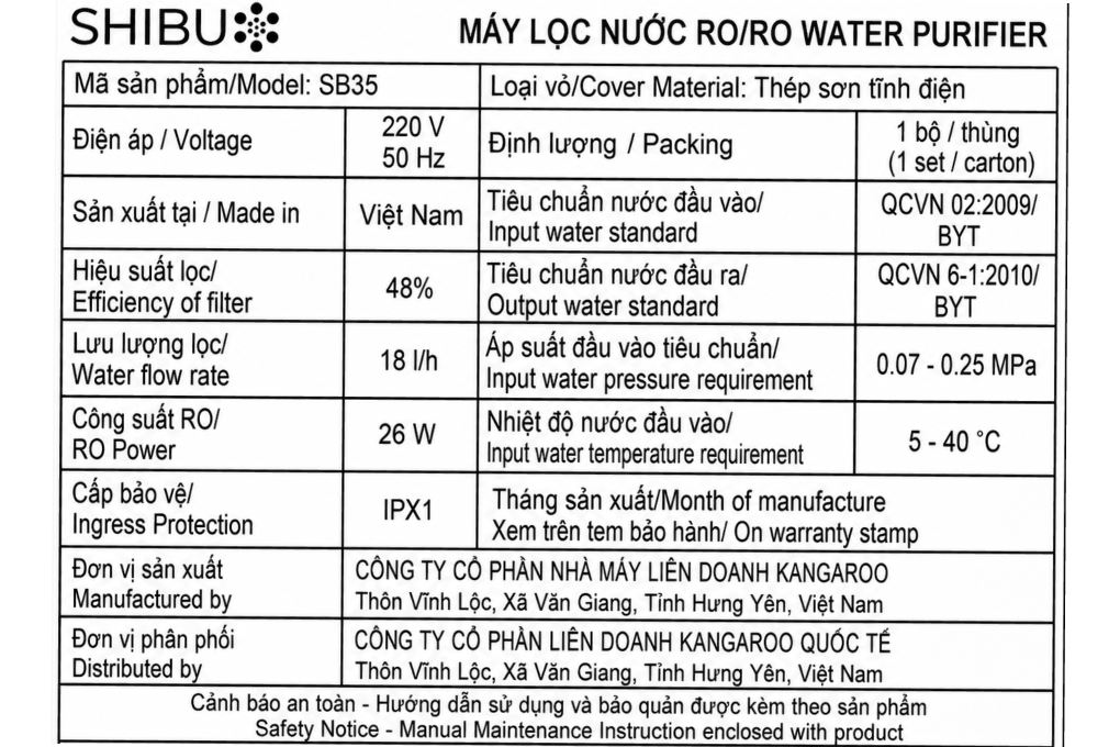 Máy lọc nước RO âm tủ Shibu SB35 11 lõi Màu Đen