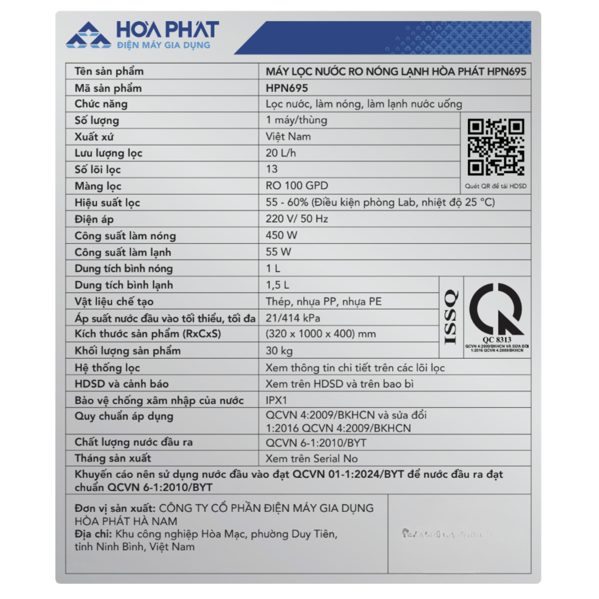 Máy lọc nước RO nóng nguội lạnh Hydrogen Hòa Phát HPN695 13 lõi Màu Trắng - Xám