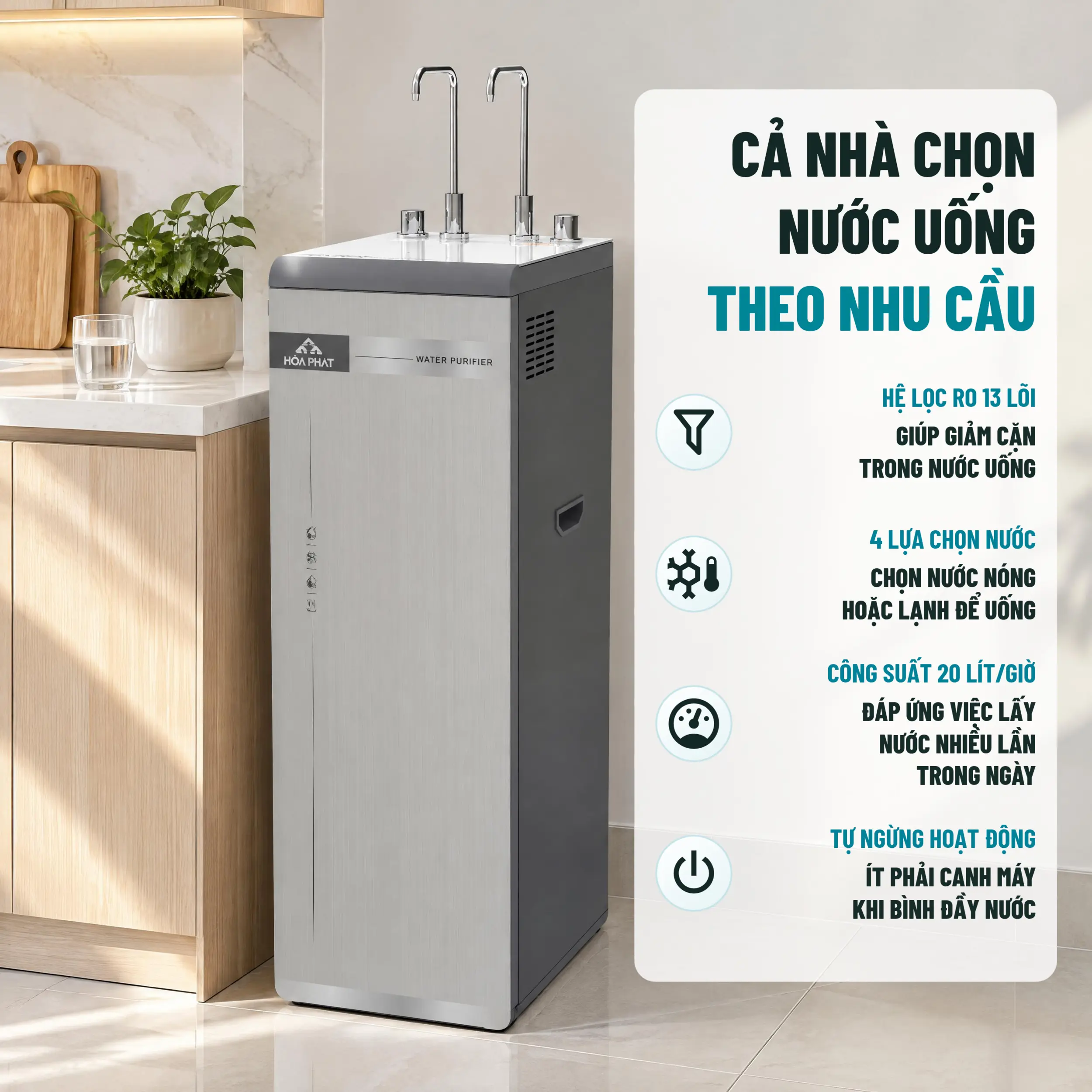 Máy lọc nước RO nóng nguội lạnh Hydrogen Hòa Phát HPN695 13 lõi Màu Trắng - Xám