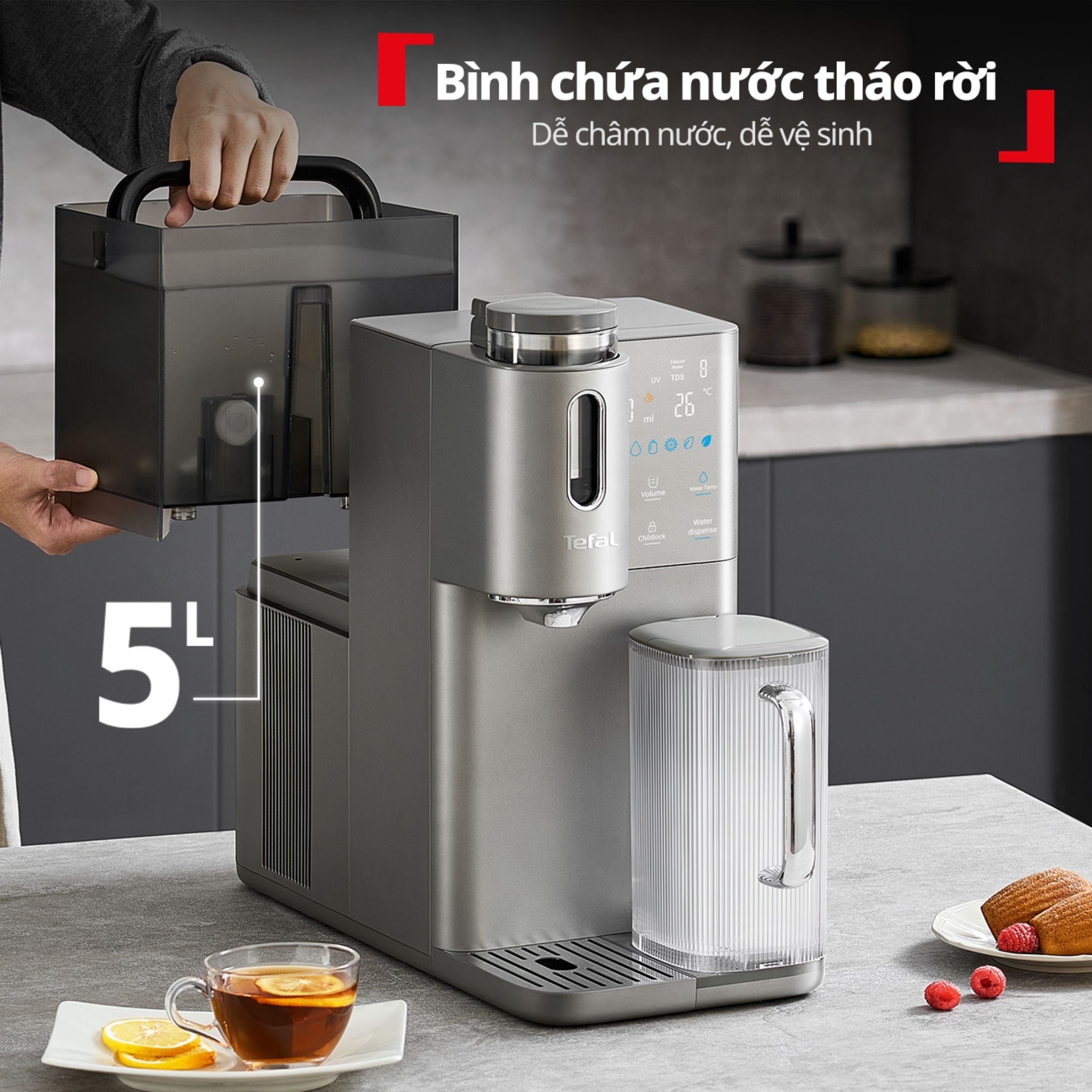 Máy lọc nước để bàn RO nóng nguội lạnh Tefal Pure Water Plus BR653BY0 1 lõi Màu Xám đậm