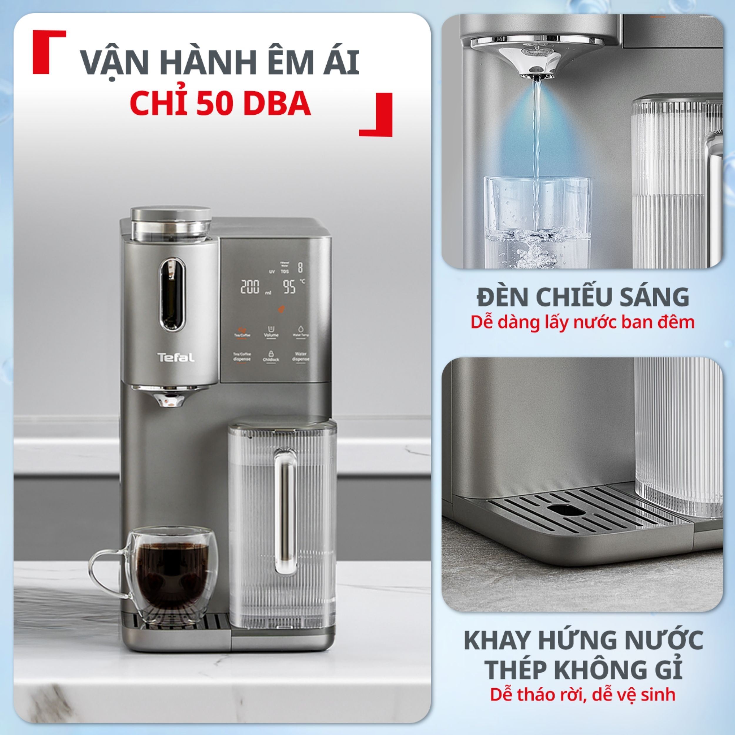 Máy lọc nước để bàn RO nóng nguội lạnh Tefal Pure Water Plus BR653BY0 1 lõi Màu Xám đậm