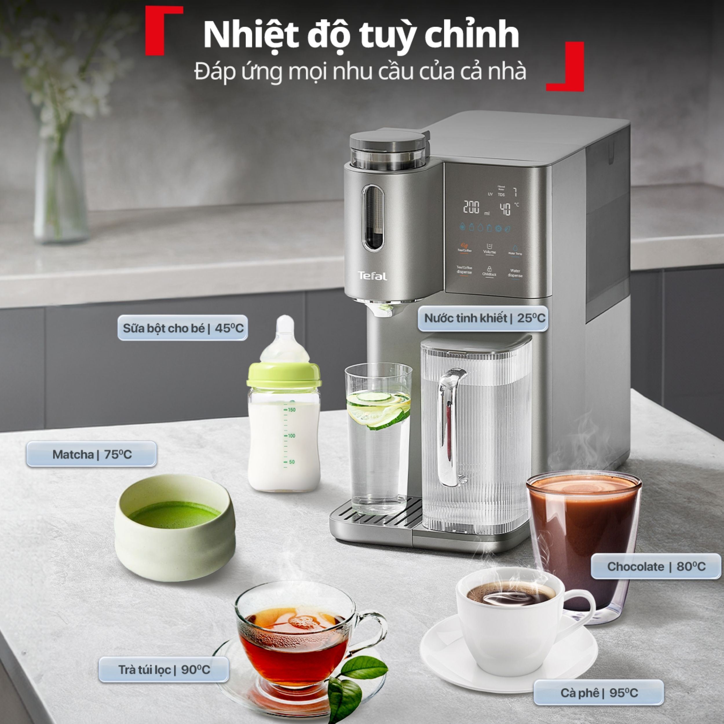 Máy lọc nước để bàn RO nóng nguội lạnh Tefal Pure Water Plus BR653BY0 1 lõi Màu Xám đậm