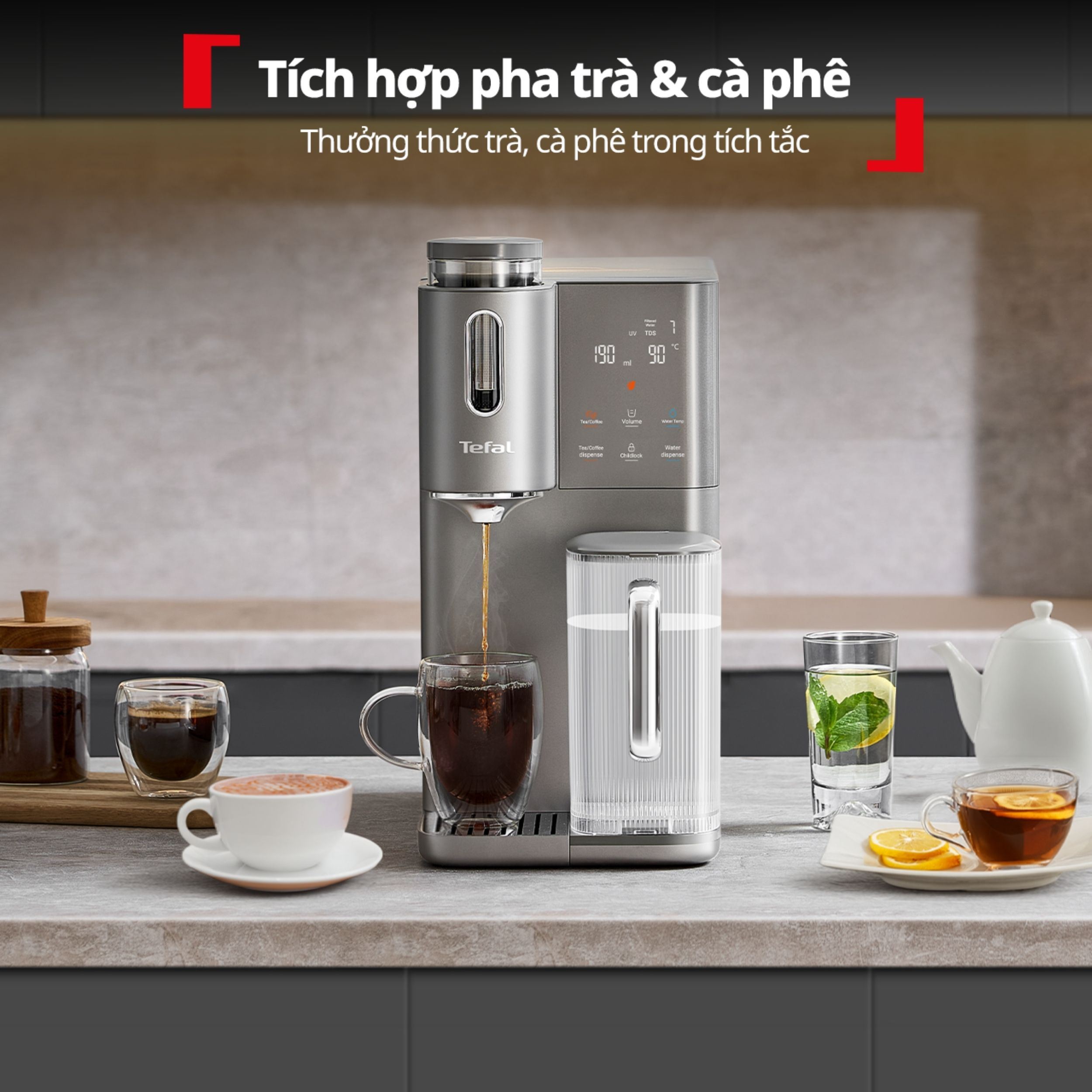 Máy lọc nước để bàn RO nóng nguội lạnh Tefal Pure Water Plus BR653BY0 1 lõi Màu Xám đậm