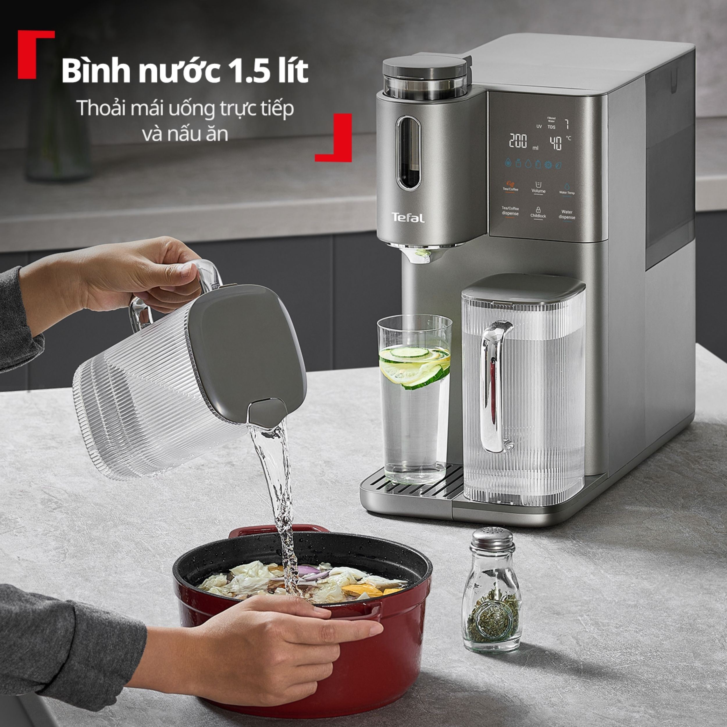 Máy lọc nước để bàn RO nóng nguội lạnh Tefal Pure Water Plus BR653BY0 1 lõi Màu Xám đậm