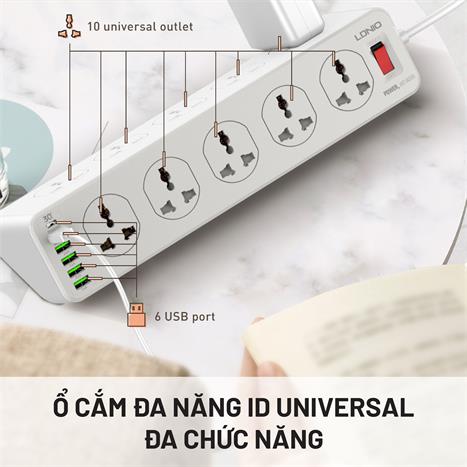 Ổ cắm điện Ldnio 10 lỗ 6 USB 2m SC10610
