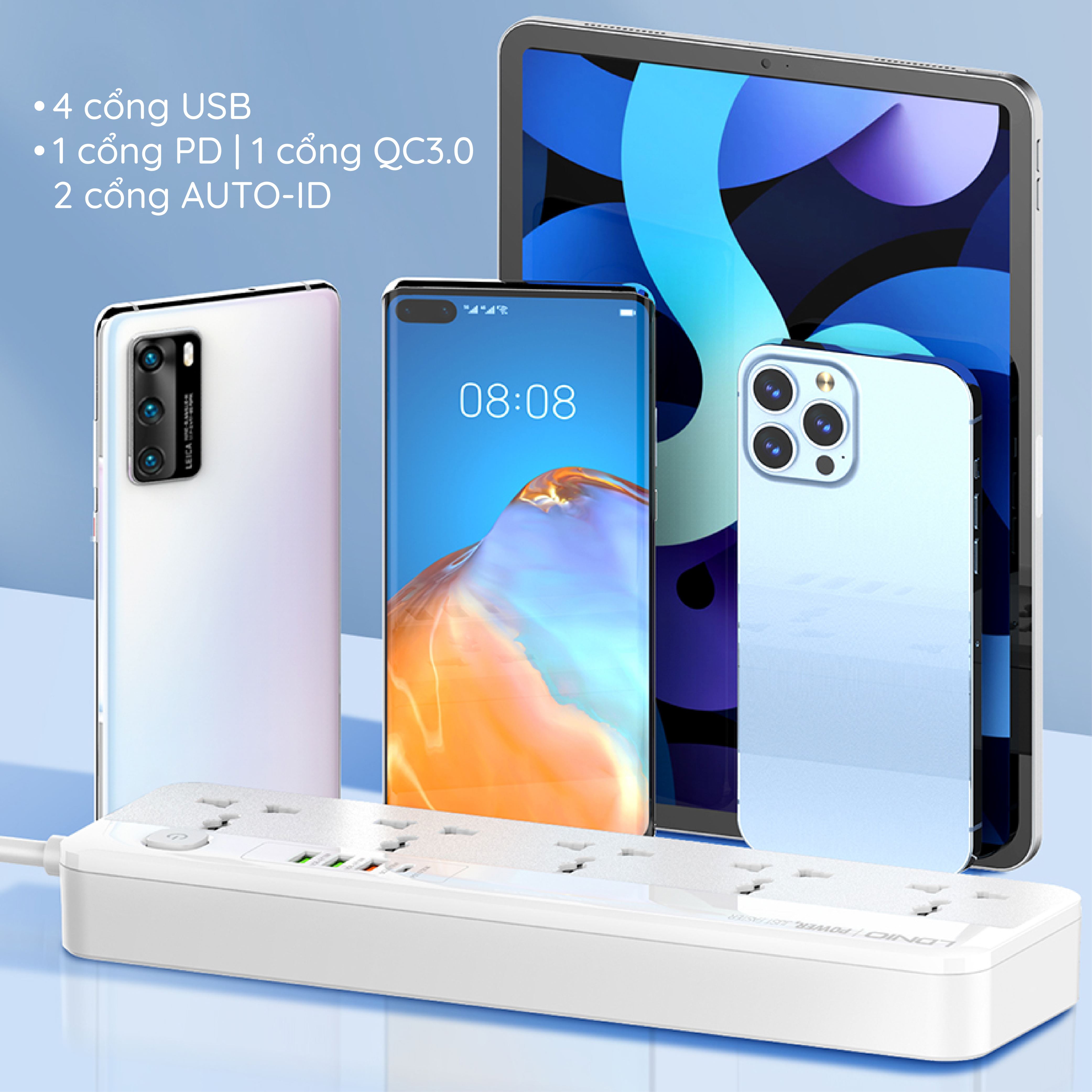 Ổ cắm điện Ldnio 5 lỗ 3 USB 1 Type C 2m SC5415 - tiện ích và an toàn