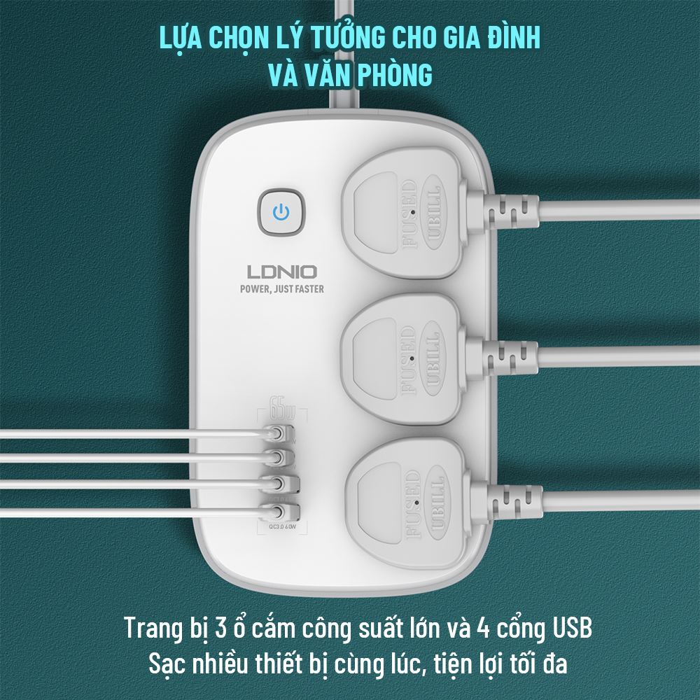 Ổ cắm điện Ldnio 3 lỗ 2 USB 2 Type C 2m SC3416 - công suất hoạt động