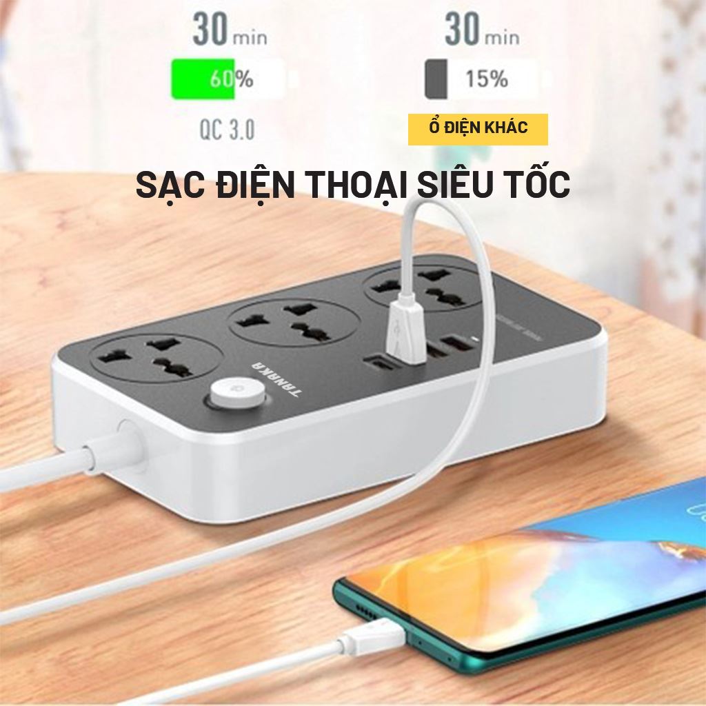 Ổ cắm điện Tanaka 3 lỗ 3 USB 1 Type C 2m TNK-OD4323 - tiện ích