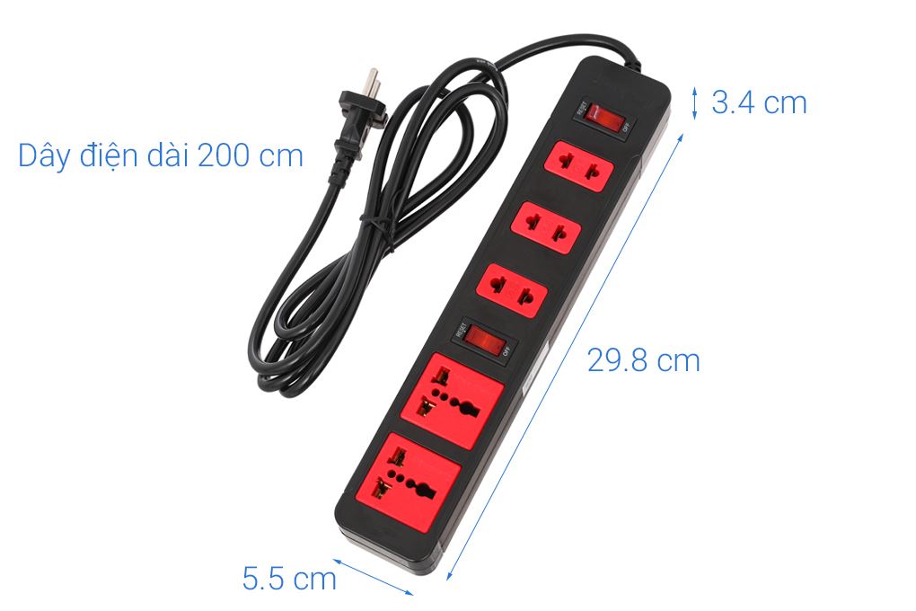 Ổ cắm điện Điện Quang 5 lỗ 2m ECO ESK 5BR Màu Đen - Đỏ