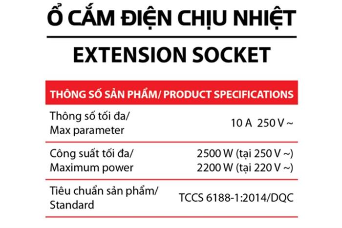 Ổ cắm điện Điện Quang 5 lỗ 2m ECO ESK 5BR Màu Đen - Đỏ