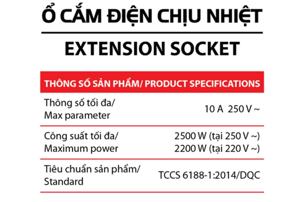 Ổ cắm điện Điện Quang 5 lỗ 2m ECO ESK 5BR Màu Đen - Đỏ