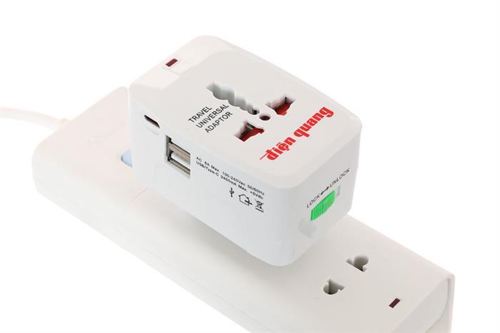 Adapter du lịch Điện Quang 2 USB 1 Type-C ESK TV07 2U 1C Màu Trắng