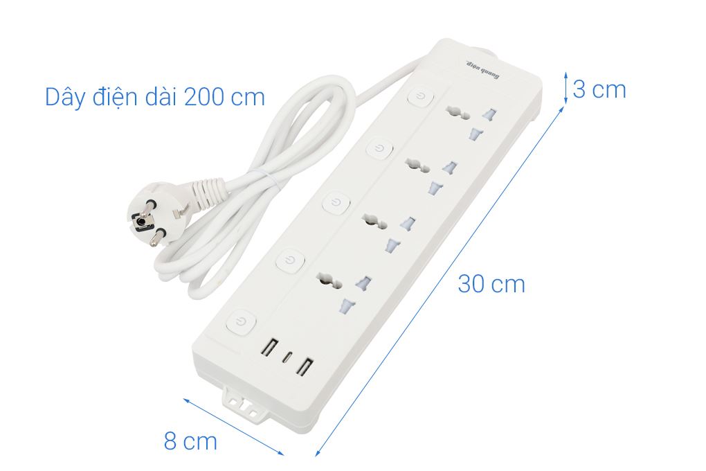 Ổ cắm điện Điện Quang 4 lỗ 2 USB 1 Type-C 2m EQS 4SW 3U Màu Trắng