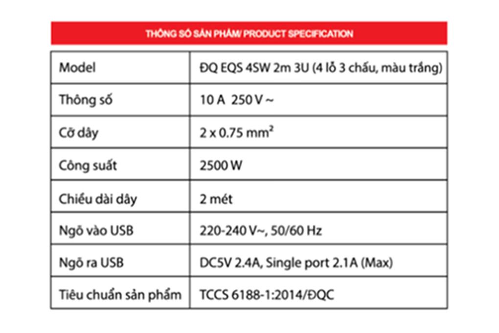 Ổ cắm điện Điện Quang 4 lỗ 2 USB 1 Type-C 2m EQS 4SW 3U Màu Trắng
