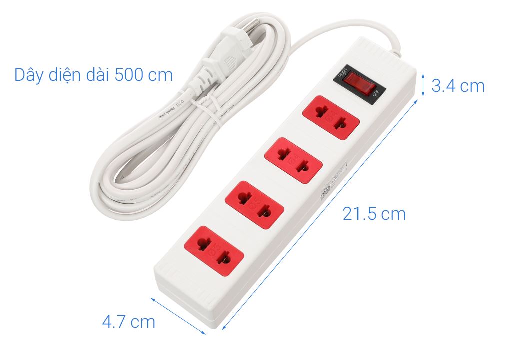 Ổ cắm điện Điện Quang 4 lỗ 5m ECO ESK 5WR 42 Màu Trắng - Đỏ