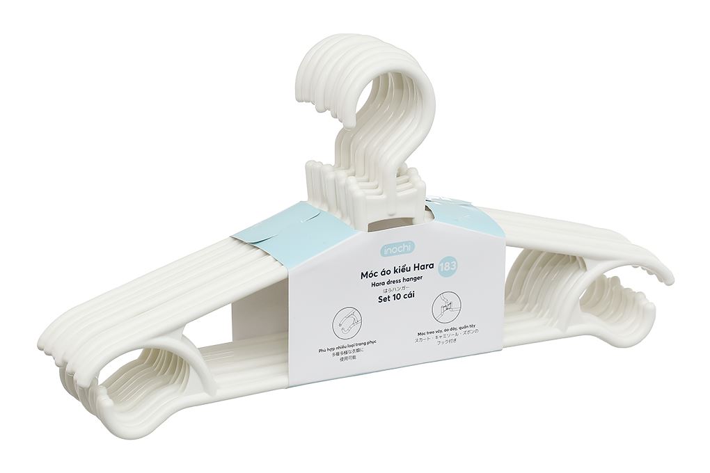 Bộ 10 móc quần áo nhựa Inochi Hara 183 HIN.MOBE.0183 Màu Trắng