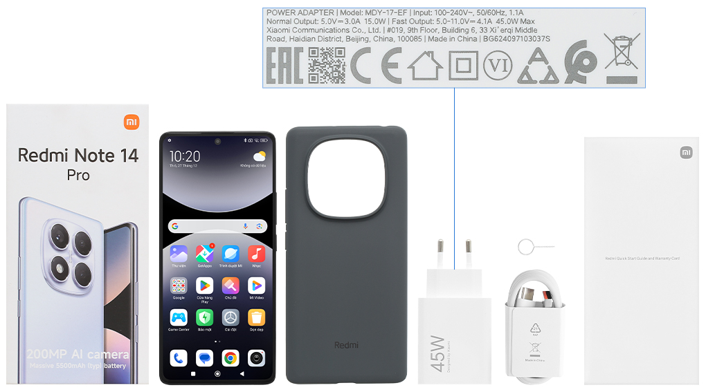 Bộ sản phẩm gồm: Hộp, Sách hướng dẫn, Cây lấy sim, Ốp lưng, Cáp Type C, Củ sạc nhanh rời đầu Type A