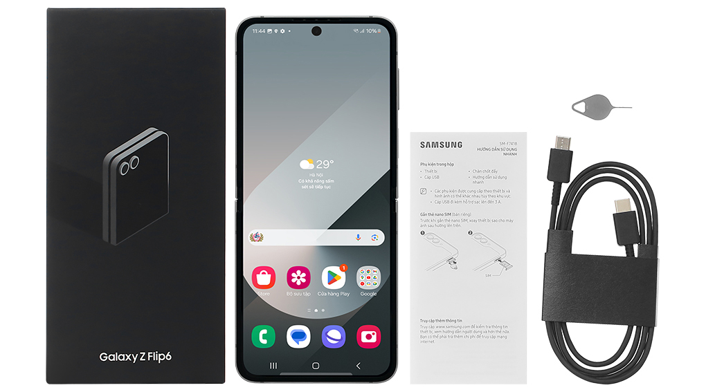 Bộ sản phẩm gồm: Hộp, Sách hướng dẫn, Cây lấy sim, Cáp Type C