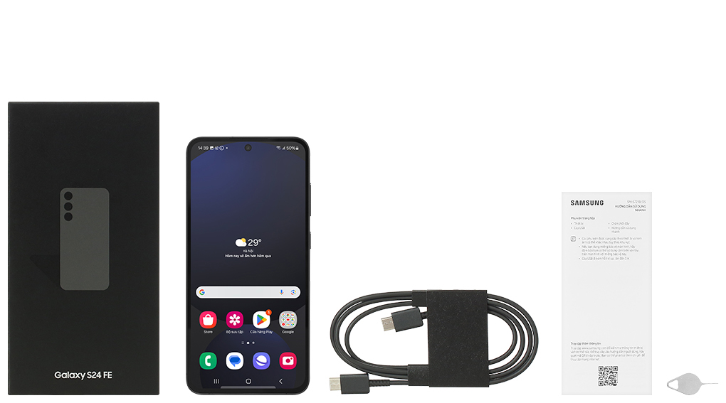 Bộ sản phẩm gồm: Hộp, Sách hướng dẫn, Cây lấy sim, Cáp Type C