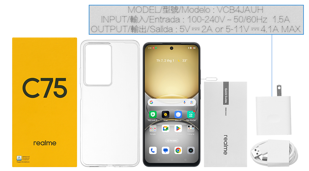 Bộ sản phẩm gồm: Hộp, Sách hướng dẫn, Cây lấy sim, Ốp lưng, Cáp Type C, Củ sạc nhanh rời đầu Type A, Miếng dán màn hình