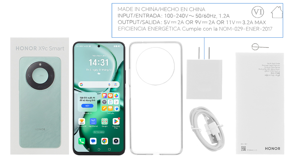 Bộ sản phẩm gồm: Ốp lưng, Hộp, Miếng dán màn hình, Cáp Type C, Cây lấy sim, Củ sạc nhanh rời đầu Type A