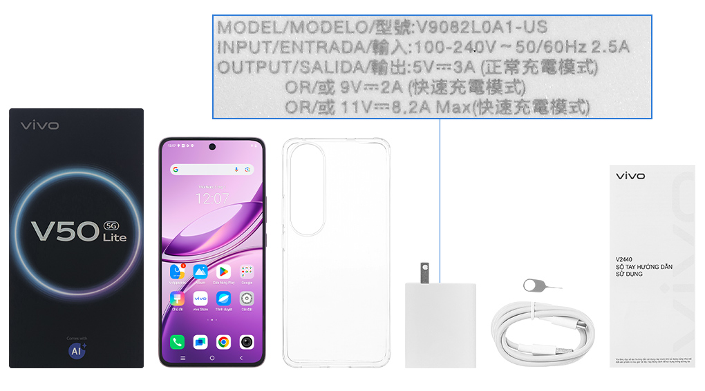 Bộ sản phẩm gồm: Ốp lưng, Sách hướng dẫn, Hộp, Miếng dán màn hình, Cáp Type C, Cây lấy sim, Củ sạc nhanh rời đầu Type A