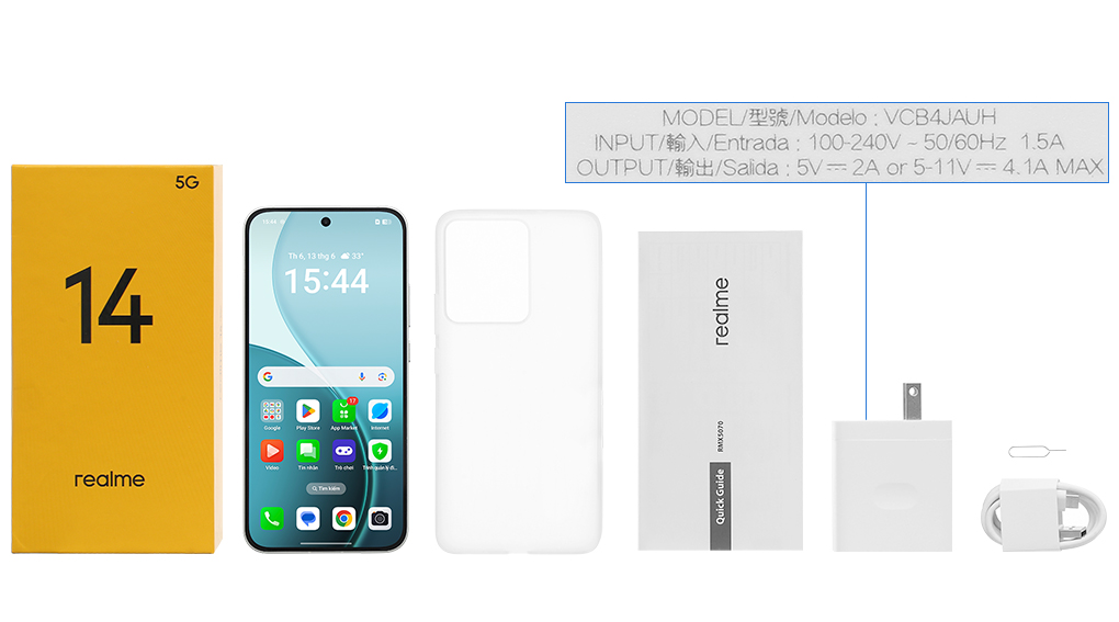 Bộ sản phẩm gồm: Cây lấy sim, Cáp Type C, Củ sạc rời đầu Type A, Hộp, Miếng dán màn hình, Sách hướng dẫn, Ốp lưng