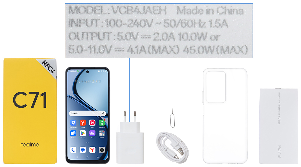 Bộ sản phẩm gồm: Hộp, Sách hướng dẫn, Cây lấy sim, Miếng dán màn hình, Ốp lưng, Cáp Type C, Củ sạc nhanh rời đầu Type A