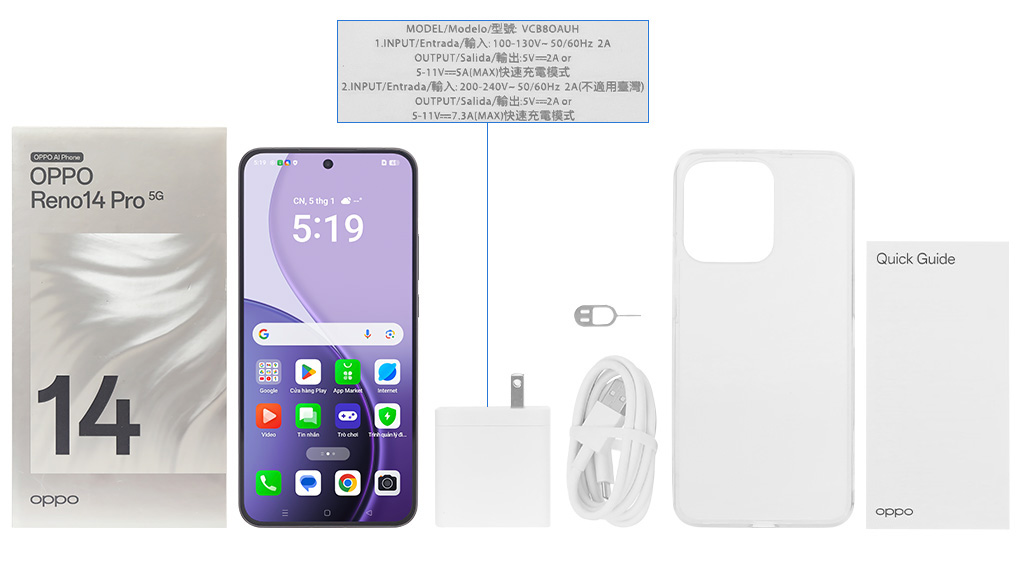 Bộ sản phẩm gồm: Ốp lưng, Sách hướng dẫn, Cáp Type C, Củ sạc nhanh rời đầu Type A, Cây lấy sim, Hộp