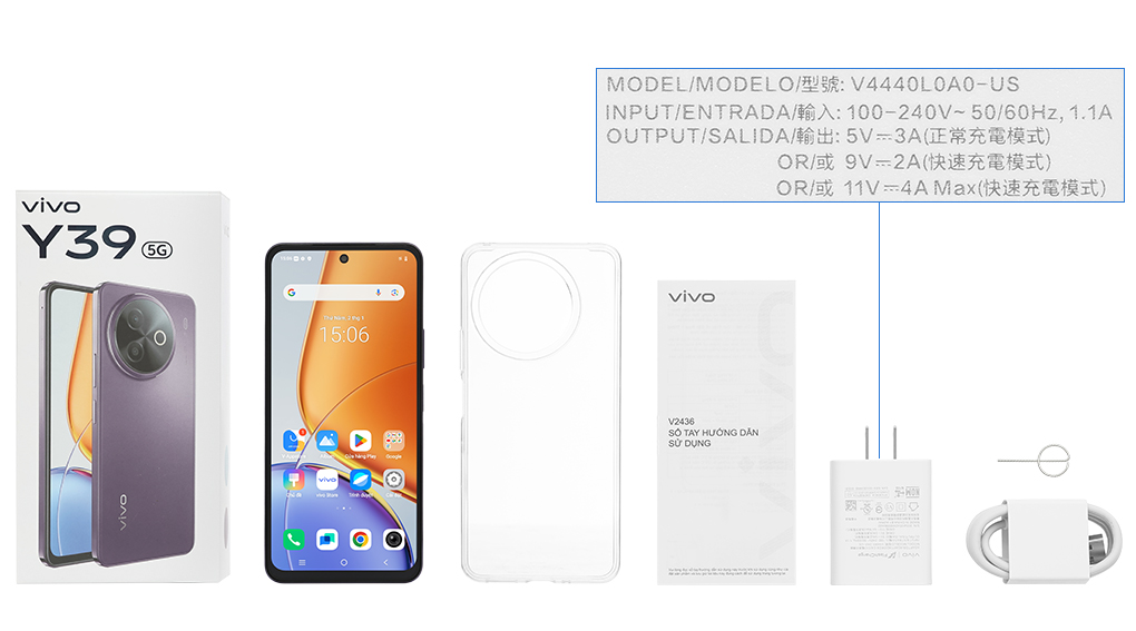 Bộ sản phẩm gồm: Ốp lưng, Sách hướng dẫn, Miếng dán màn hình, Hộp, Cáp Type C, Củ sạc nhanh rời đầu Type A, Cây lấy sim