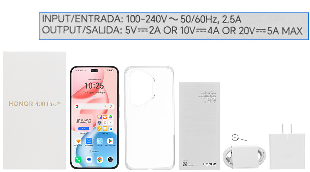 Bộ sản phẩm gồm: Ốp lưng, Sách hướng dẫn, Miếng dán màn hình, Hộp, Cáp Type C, Cây lấy sim, Củ sạc nhanh rời đầu Type A