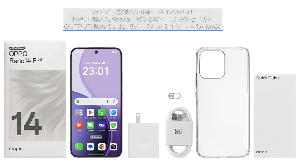 Bộ sản phẩm gồm: Ốp lưng, Sách hướng dẫn, Hộp, Cáp Type C, Cây lấy sim, Củ sạc nhanh rời đầu Type A