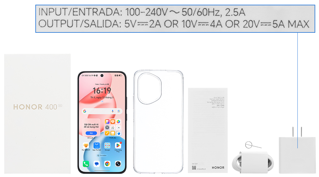 Bộ sản phẩm gồm: Ốp lưng, Sách hướng dẫn, Hộp, Miếng dán màn hình, Cáp Type C, Cây lấy sim, Củ sạc nhanh rời đầu Type A