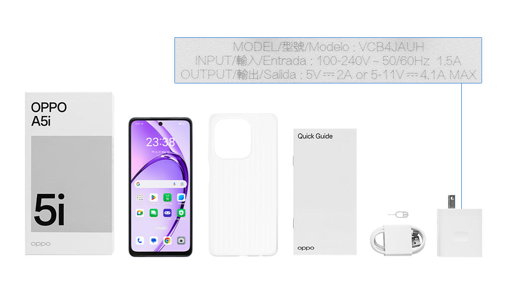 Bộ sản phẩm gồm: Hộp, Sách hướng dẫn, Cây lấy sim, Ốp lưng, Cáp Type C, Củ sạc nhanh rời đầu Type A