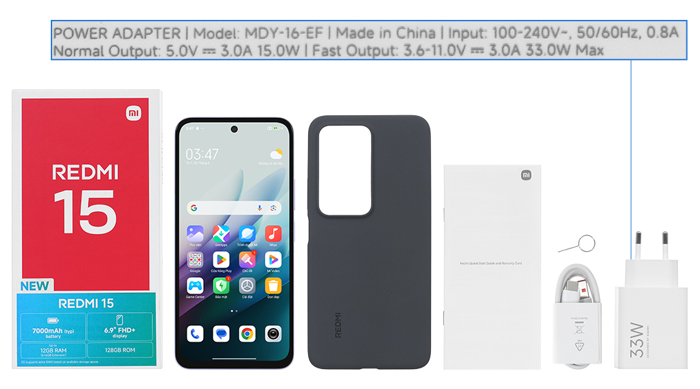 Bộ sản phẩm gồm: Cáp Type C, Củ sạc nhanh rời đầu Type A, Hộp, Sách hướng dẫn, Ốp lưng, Cây lấy sim