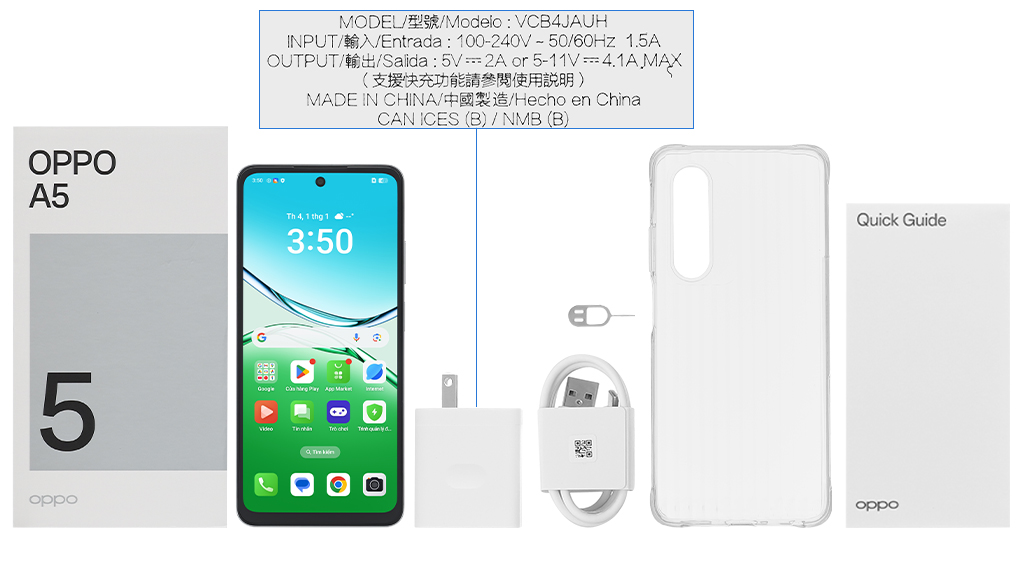 Bộ sản phẩm gồm: Ốp lưng, Sách hướng dẫn, Hộp, Cáp Type C, Cây lấy sim, Củ sạc nhanh rời đầu Type A