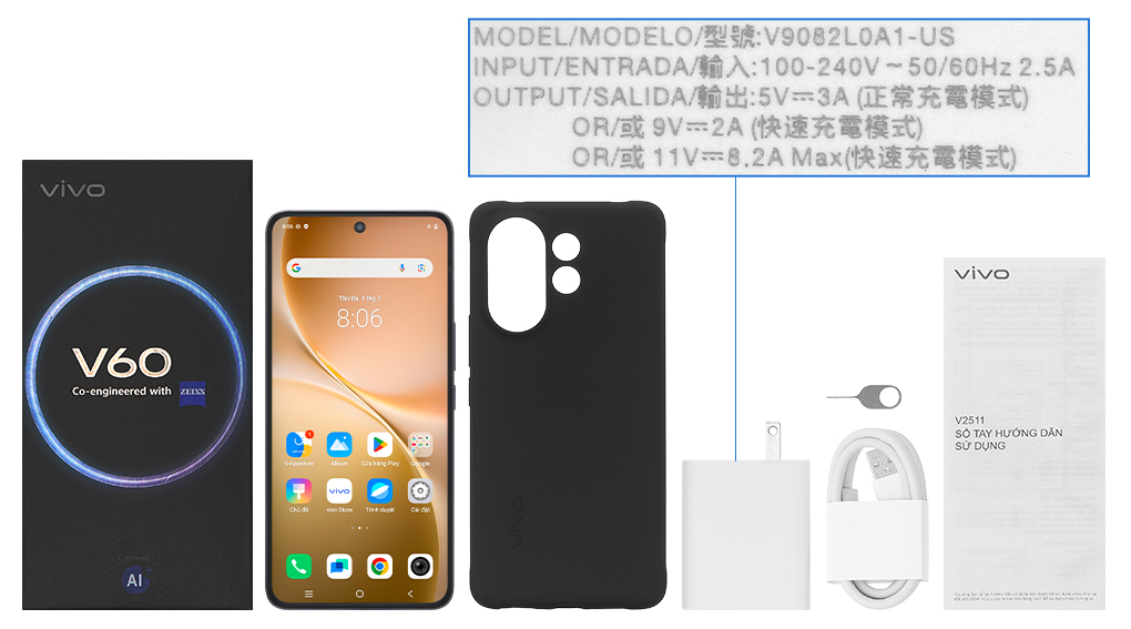 Bộ sản phẩm gồm: Ốp lưng, Sách hướng dẫn, Miếng dán màn hình, Hộp, Cáp Type C, Cây lấy sim, Củ sạc nhanh rời đầu Type A