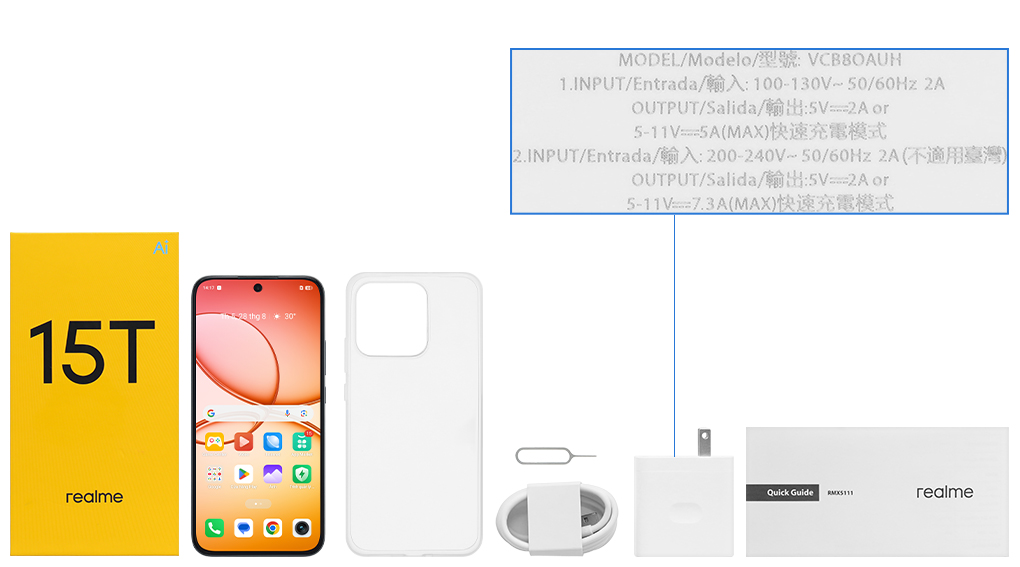Bộ sản phẩm gồm: Cây lấy sim, Cáp Type C, Củ sạc nhanh rời đầu Type A, Miếng dán màn hình, Sách hướng dẫn, Ốp lưng, Hộp