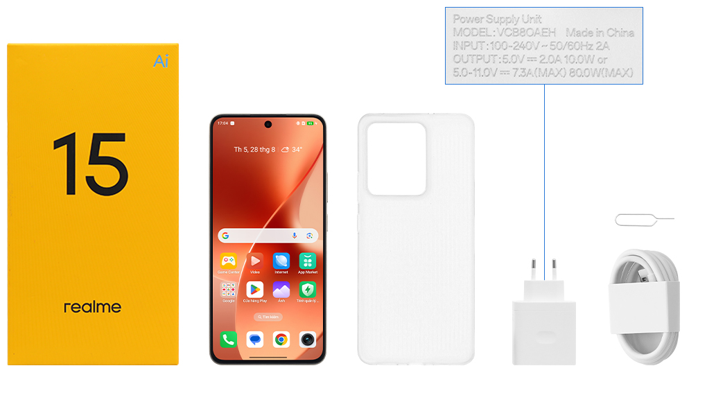 Bộ sản phẩm gồm: Cáp Type C, Củ sạc nhanh rời đầu Type A, Cây lấy sim, Hộp, Miếng dán màn hình, Sách hướng dẫn, Ốp lưng