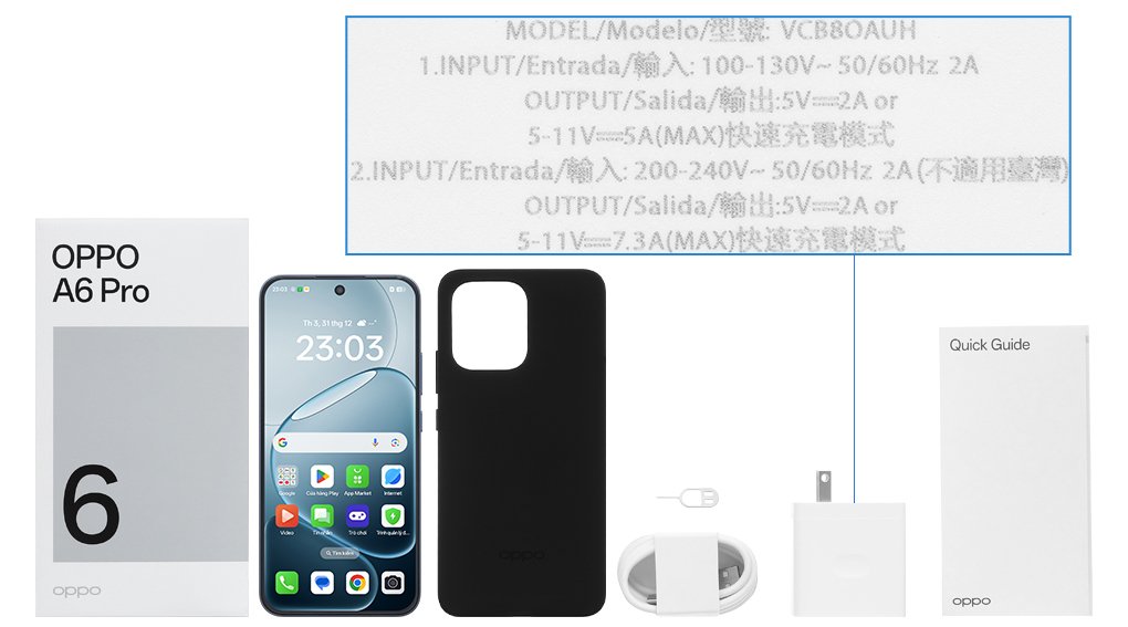 Bộ sản phẩm gồm: Hộp, Sách hướng dẫn, Cây lấy sim, Miếng dán màn hình, Ốp lưng, Cáp Type C, Củ sạc nhanh rời đầu Type A