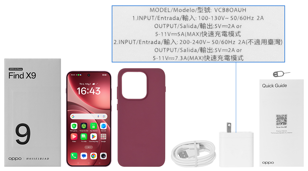 Bộ sản phẩm gồm: Ốp lưng, Sách hướng dẫn, Hộp, Cáp Type C, Củ sạc nhanh rời đầu Type A, Cây lấy sim