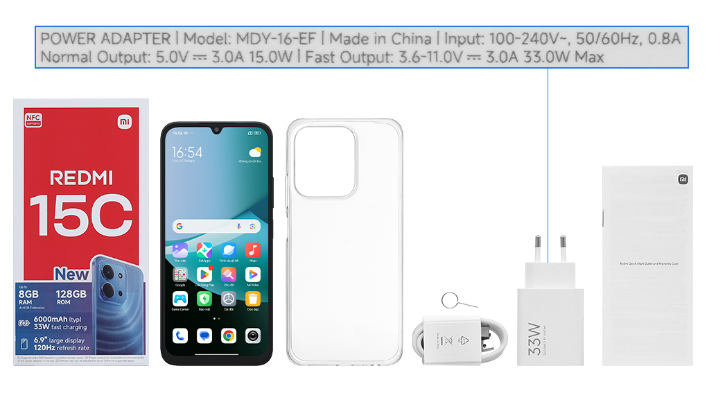 Bộ sản phẩm gồm: Cáp Type C, Cây lấy sim, Củ sạc nhanh rời đầu Type A, Hộp, Sách hướng dẫn, Ốp lưng