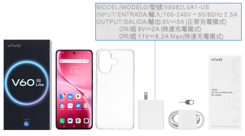 Bộ sản phẩm gồm: Ốp lưng, Hộp, Miếng dán màn hình, Cáp Type C, Cây lấy sim, Củ sạc nhanh rời đầu Type A, Sách hướng dẫn