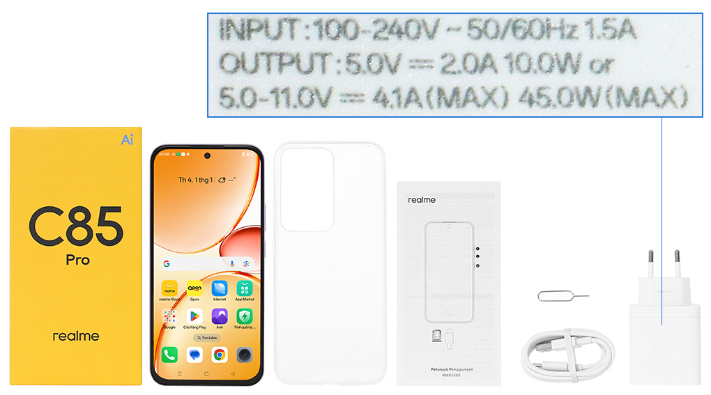 Bộ sản phẩm gồm: Cáp Type C, Củ sạc nhanh rời đầu Type A, Miếng dán màn hình, Ốp lưng, Cây lấy sim, Hộp, Sách hướng dẫn