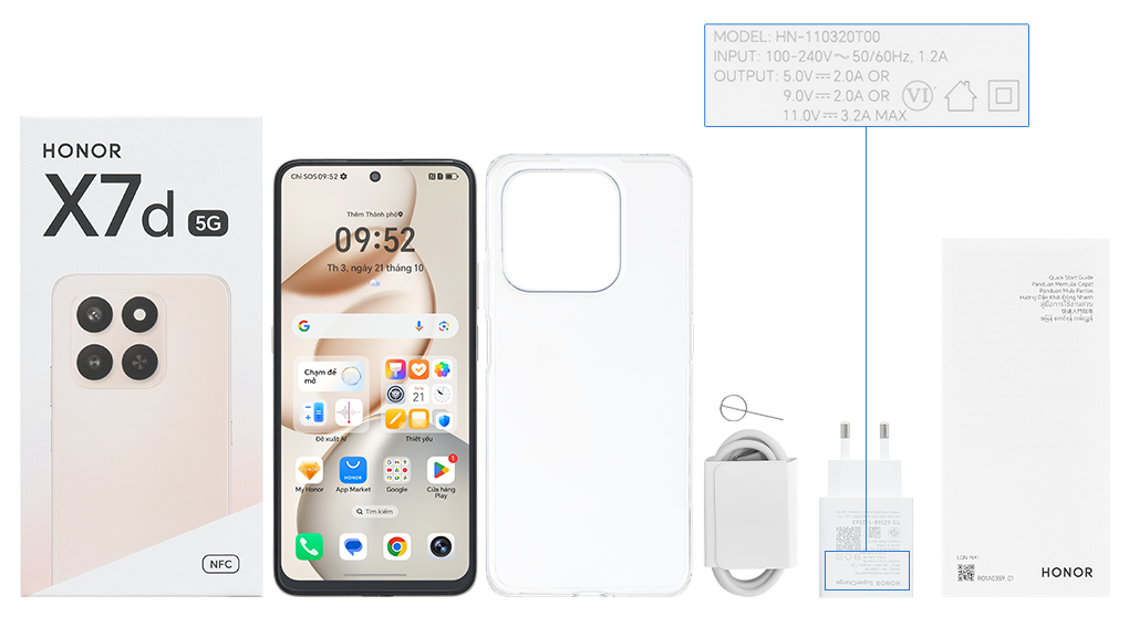 Bộ sản phẩm gồm: Hộp, Sách hướng dẫn, Cây lấy sim, Miếng dán màn hình, Ốp lưng, Cáp Type C, Củ sạc nhanh rời đầu Type A