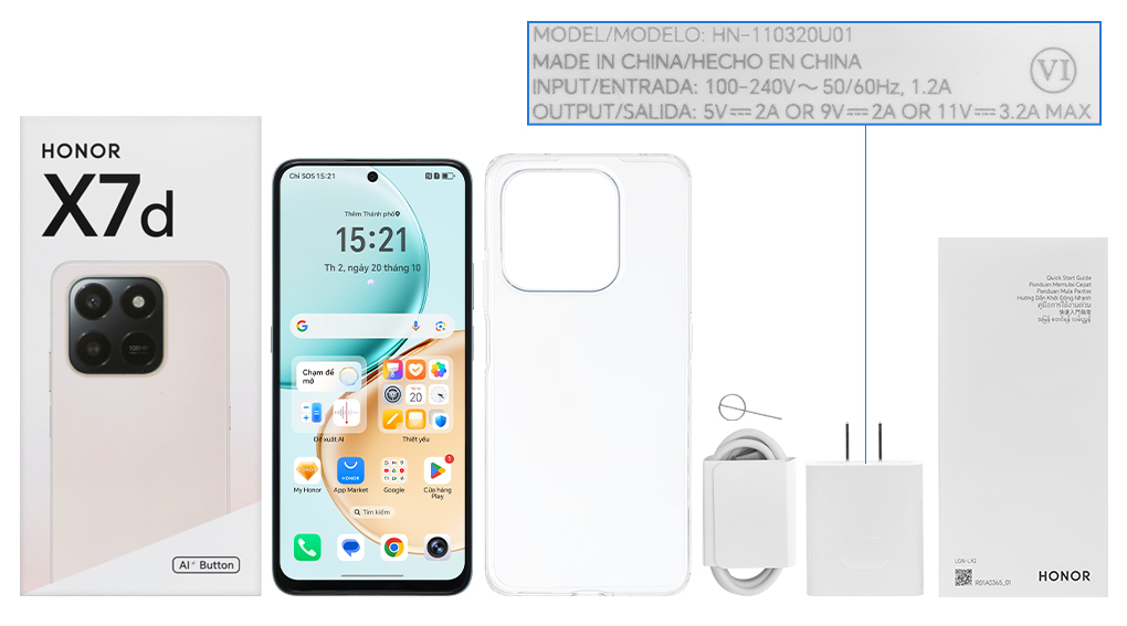 Bộ sản phẩm gồm: Hộp, Sách hướng dẫn, Cây lấy sim, Miếng dán màn hình, Ốp lưng, Cáp Type C, Củ sạc nhanh rời đầu Type A