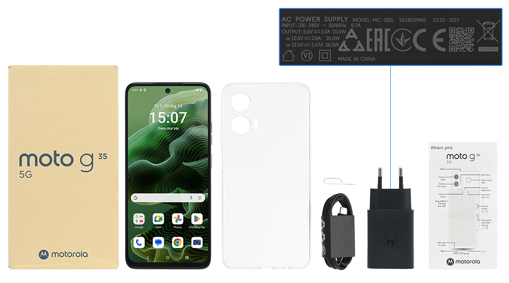 Bộ sản phẩm gồm: Hộp, Sách hướng dẫn, Cây lấy sim, Cáp Type C, Củ sạc nhanh rời đầu Type A, Ốp lưng